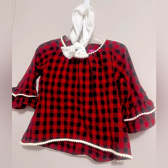 Like new Red &blk w/ white cute ruffles sz 18M fun plaid dress w/wh bow headband - Picture 2 of 12